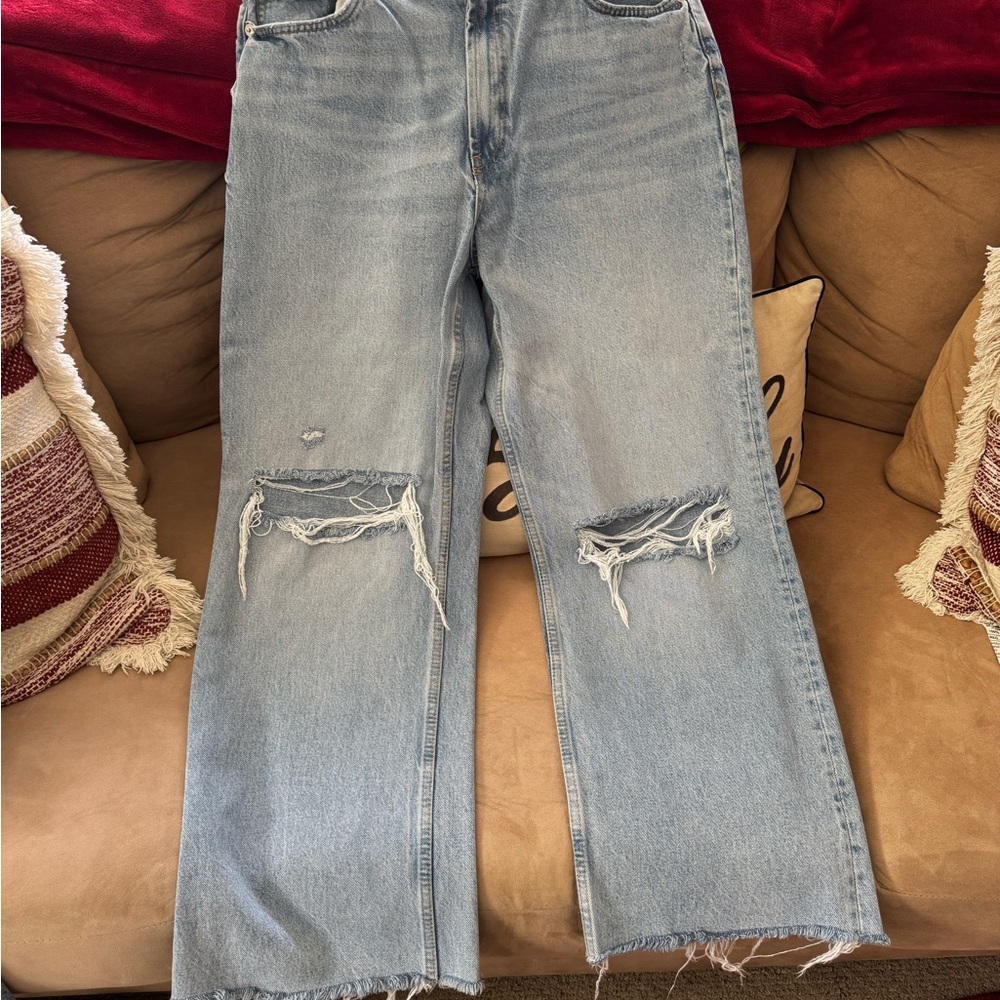 Zara Light Blue Distressed Wide Leg Jeans